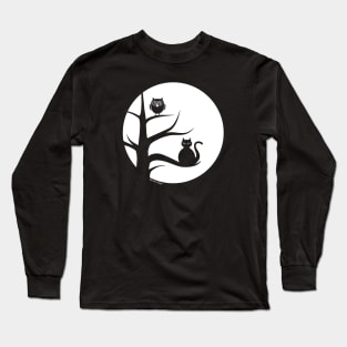 Cute Cat and Owl in Tree, Silhoutte against Full Moon Long Sleeve T-Shirt